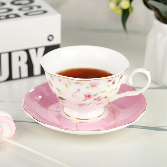 Rose Tea Cup and Saucer Set for 6, British Tea Cups Set for Gift, Multi-Color Flowers Porcelain Tea Service
