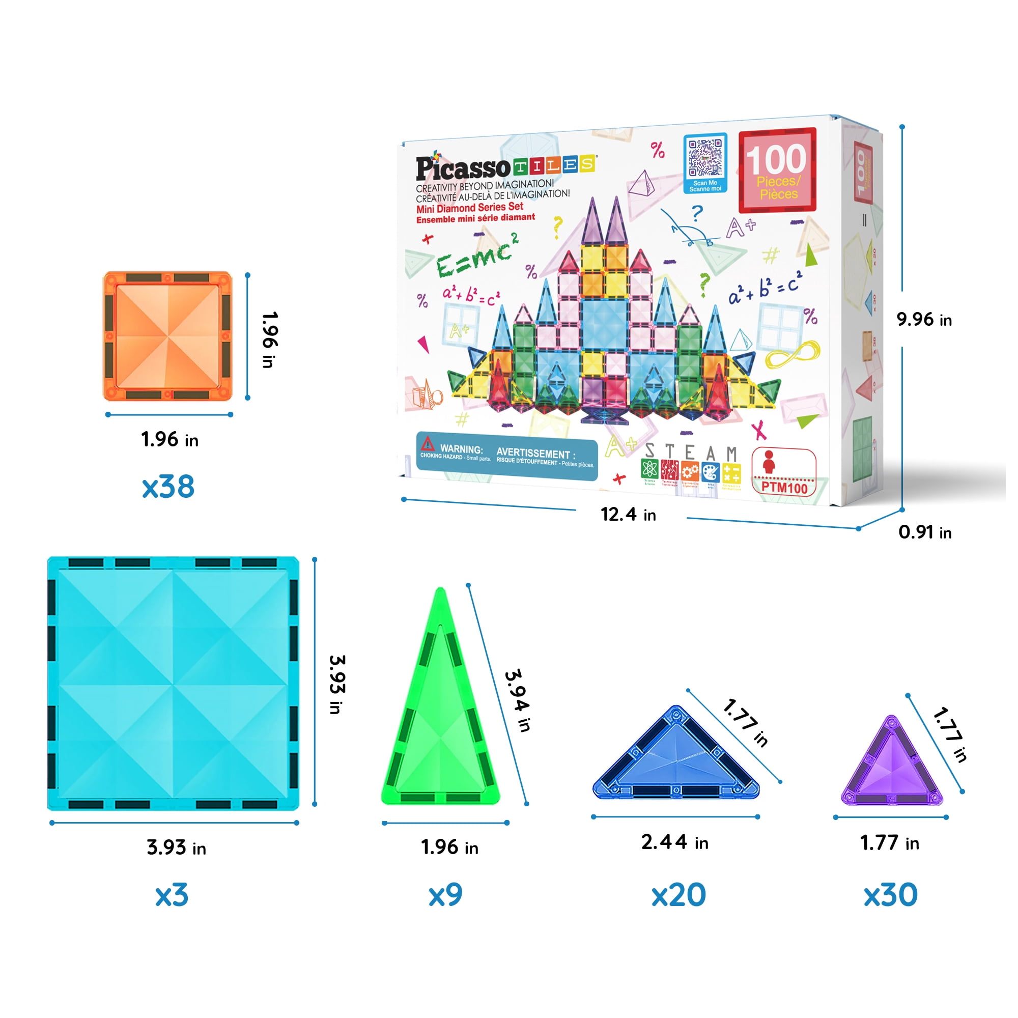 PicassoTiles Mini Magnetic Tiles for Kids – 100PCS STEM Building Blocks Travel Set, Educational Construction Toy, Creative Portable Learning Kit