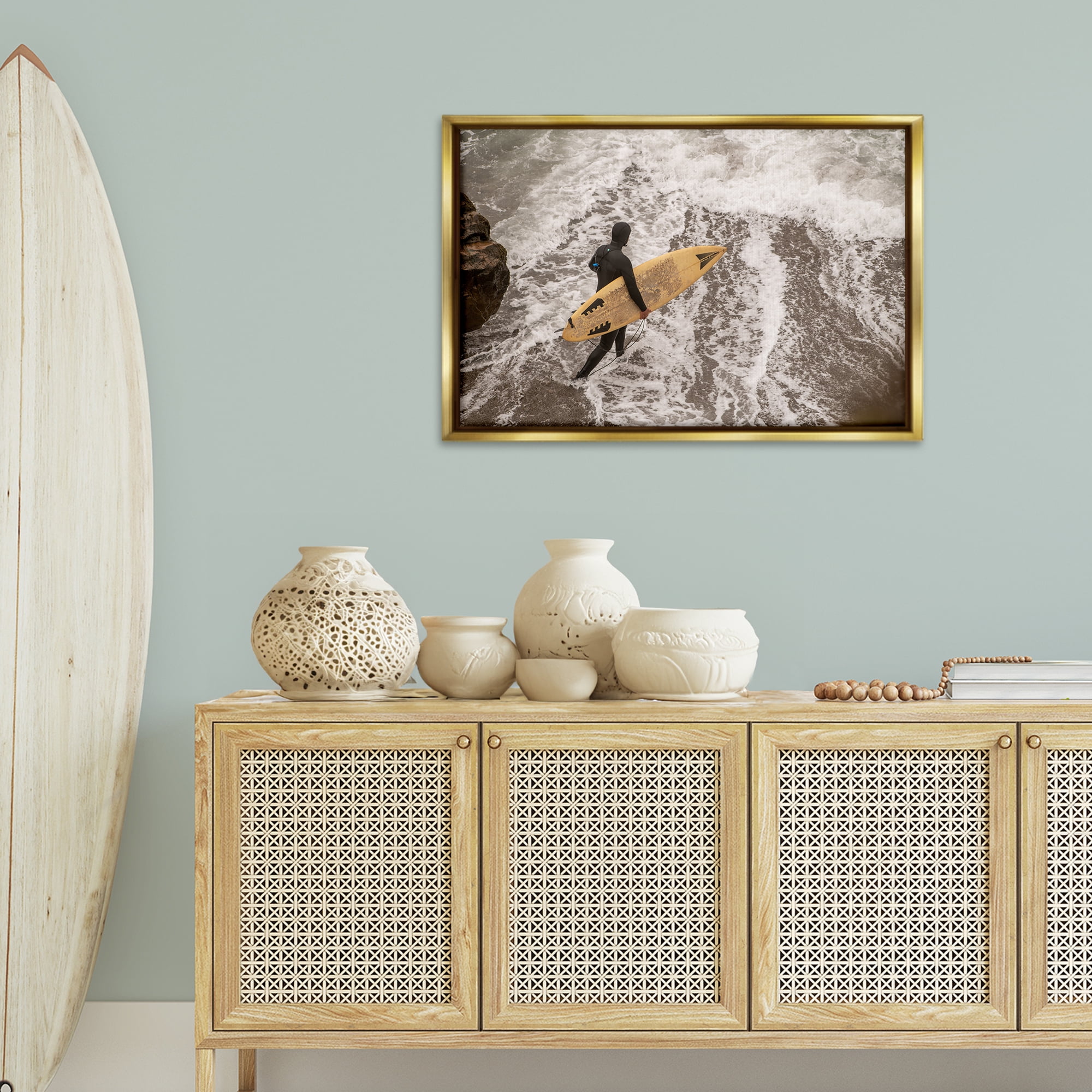 Stupell Industries Surfer Strolling Shore People Photography Gold Floater Framed Canvas Art Print Wall Art, 31 x 21
