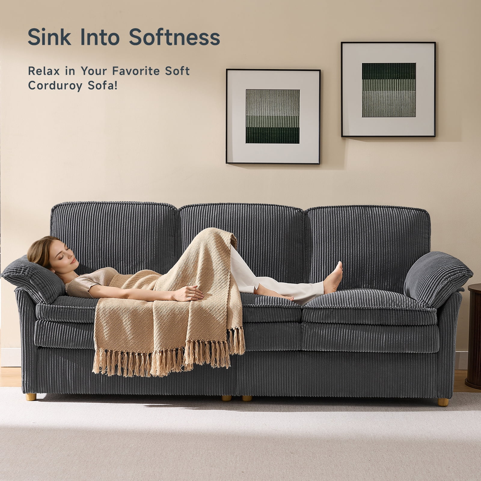 86.6" Corduroy Couches, Comfy 3 Seater Sofa with Pillow Top Armrest & Dual-Layer Cushions for Living Room Bedroom, Grey