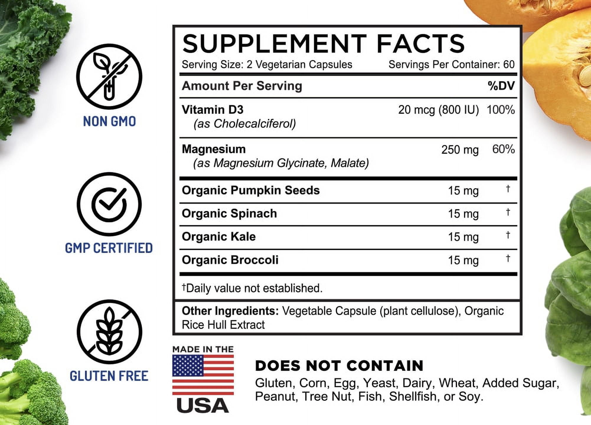 Magnesium Glycinate & Malate Complex w/Vitamin D3, 100% Chelated for Max Absorption, Vegetarian - Bone Health, Nerves, Muscles, 120 Capsules, 60 Days