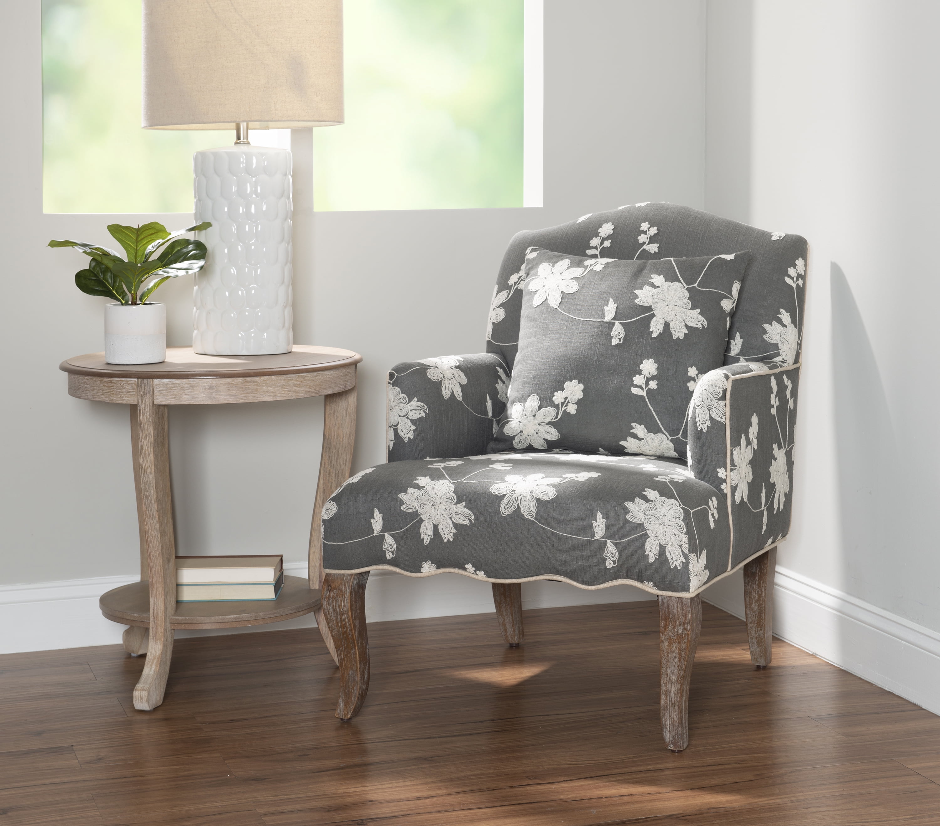 Linon Floral Arm Chair and Pillow, Gray Fabric, 18 inch ...