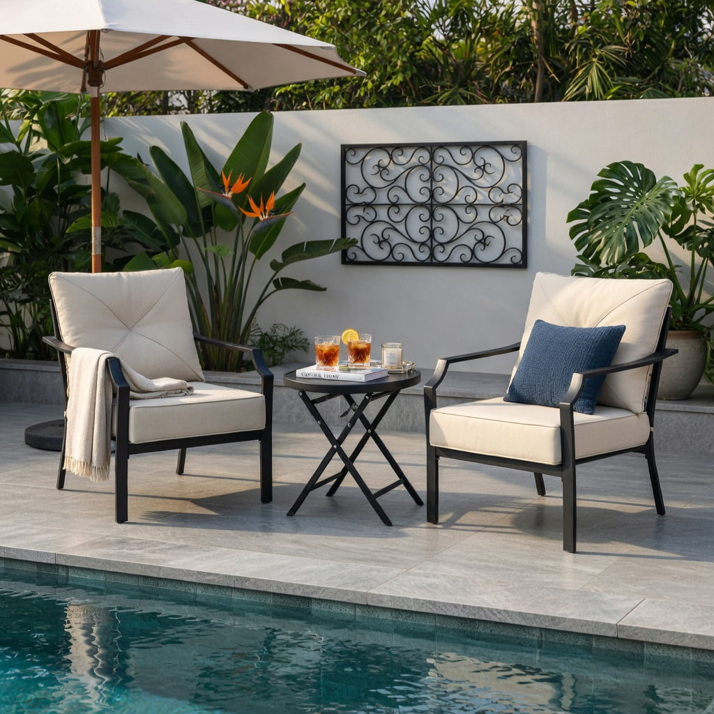 Hommoo 2-Piece Outdoor Dining Chairs Set with Padded Cushions, Black Steel Frame, Rust-Resistant Patio Chairs for Backyard, Garden & Balcony, Beige