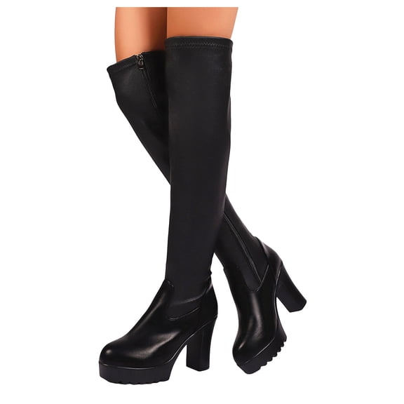 Women's Stretchy Leather Black Over The Knee Boots Platform Chunky Heel Slip On Long Wide Calf Boots with Side Zipper Size 10