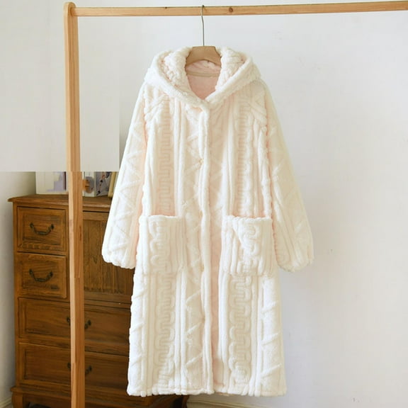 Robe for Women Lightweight , Womens Soft Solid Color Hoodie Long-Sleeved Button Cardigan Pocket Bathrobe in Fall and Winter Home Service Nightgown New Womens Pajamas Beige M