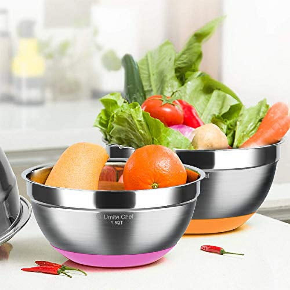 Umite Chef umite chef mixing bowls with airtight lids?6 piece stainless  steel metal nesting storage bowls, non-slip bottoms size 7, 3.5