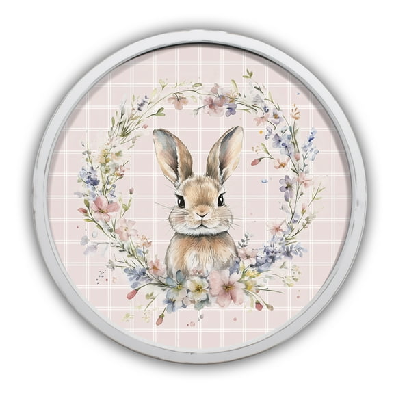 Creative Products Check Floral Bunny 20 x 20 Round White Framed Print
