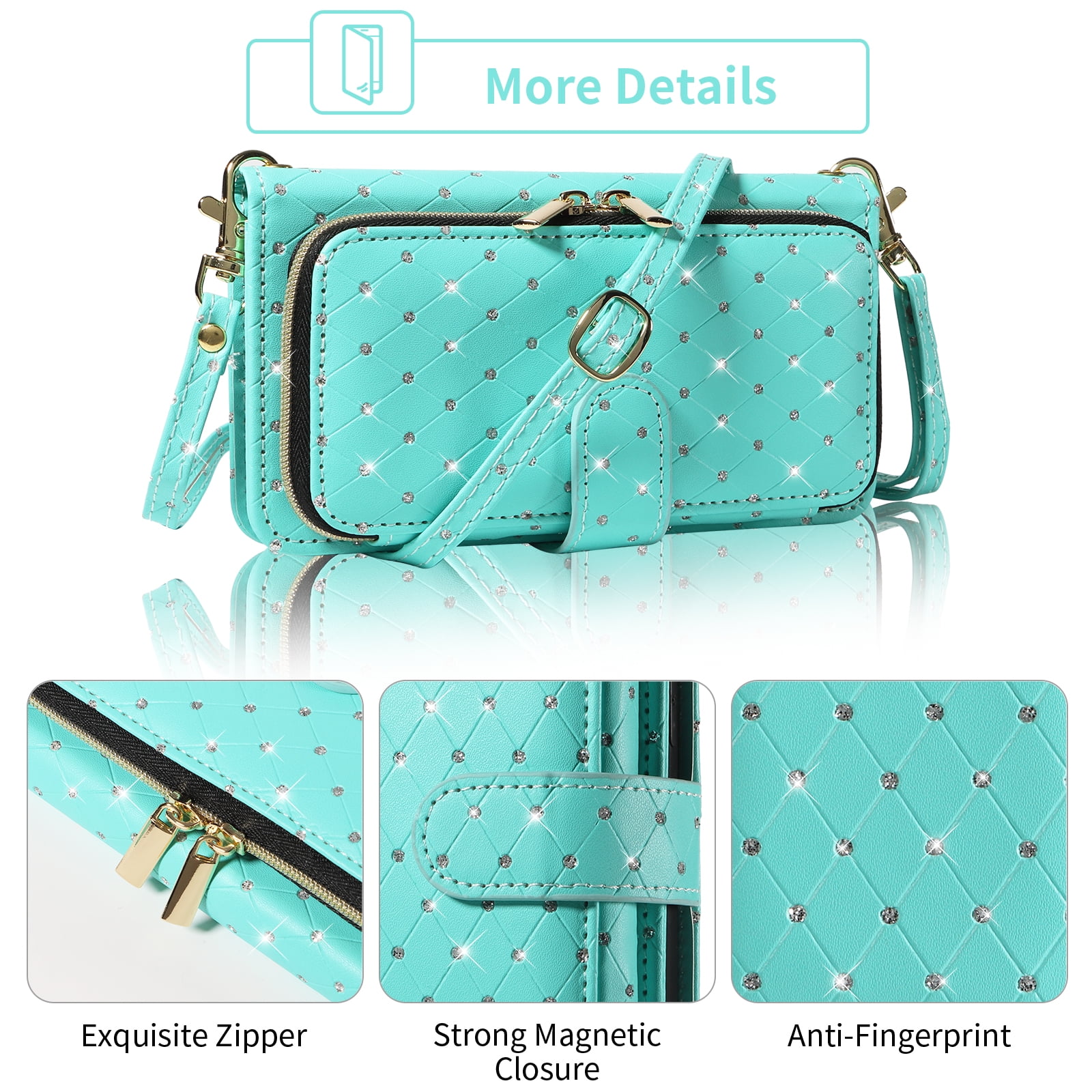 Compatible with Samsung Galaxy A13 5G Wallet Phone Case Tempered Glass Screen Protector Bling Glitter Crossbody Lanyard Strap Flip Zipper Purse Card Holder Cell Cover for A04S M13 A136U Women Green