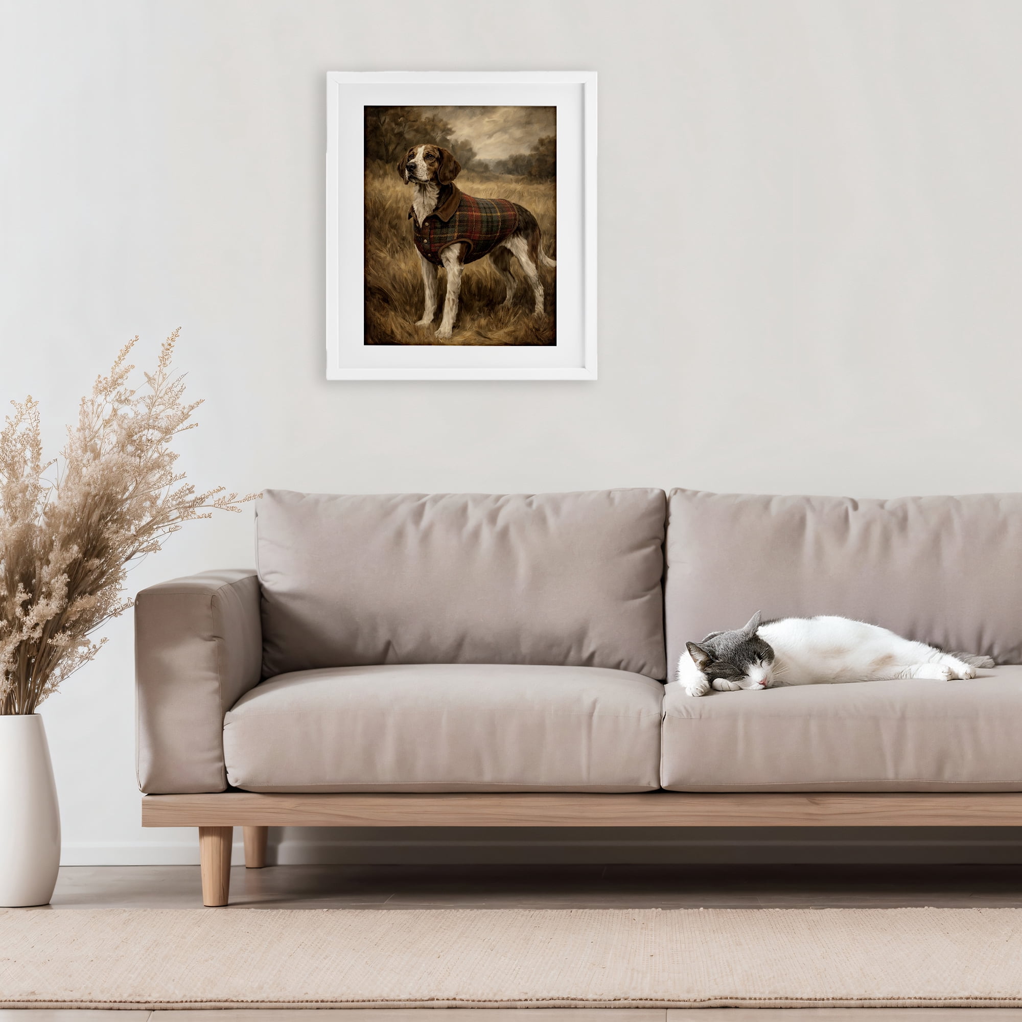 Stupell Industries Hunting Days Plaid Jacket Hound White Framed Print Under Glass, design by Kim Allen