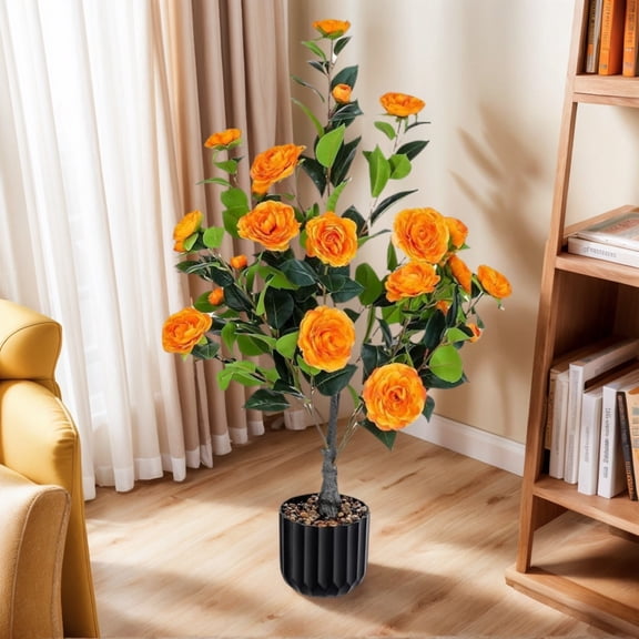 GDF Studio 2-Pack Artificial Camellia Trees, 36" Lifelike Faux Potted Plants with Flowers and Weighted Base, Orange