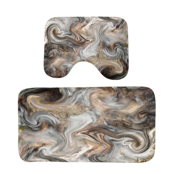 2 Pcs Set Bath Rugs Contour Toilet Mat Non Slip Backing Gray Brown Marble Print Bathroom Rug Machine Washable