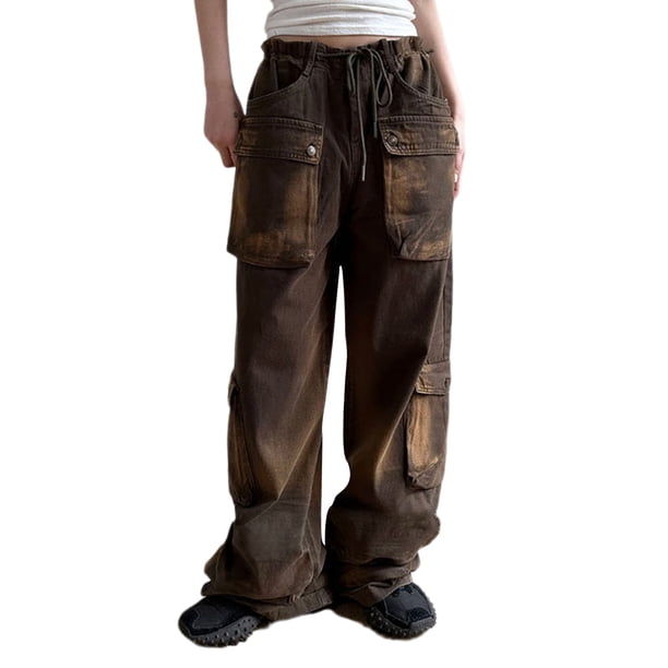 Pantalones Pantalones sueltos de mujer con bolsillos grandes Pantalones holgados con cordón Ropa de calle femenina Ygjytge Marrón M para Mujer