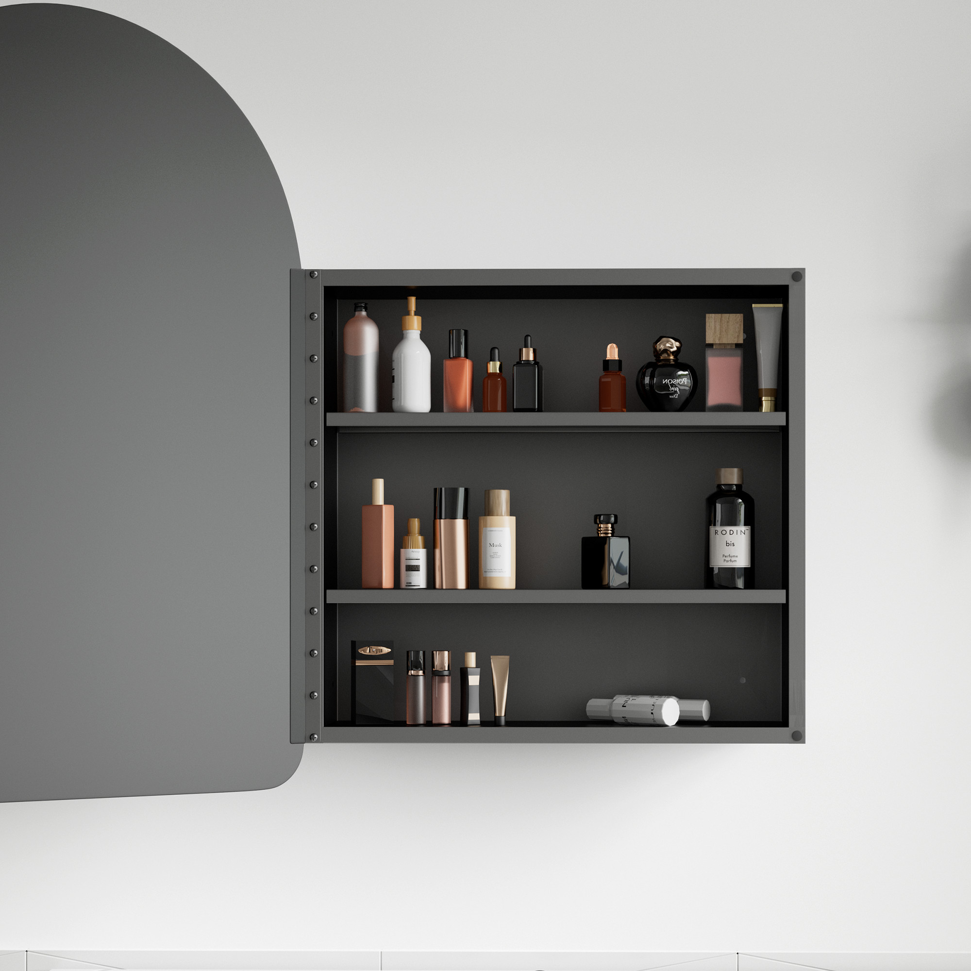 MAYEERTY 24"x16" Iron Arched Bathroom Mirror Cabinet, Black
