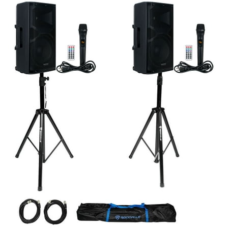 (2) American Audio APX12 GO BT Rechargeable Bluetooth DJ PA Speakers Mics Stands