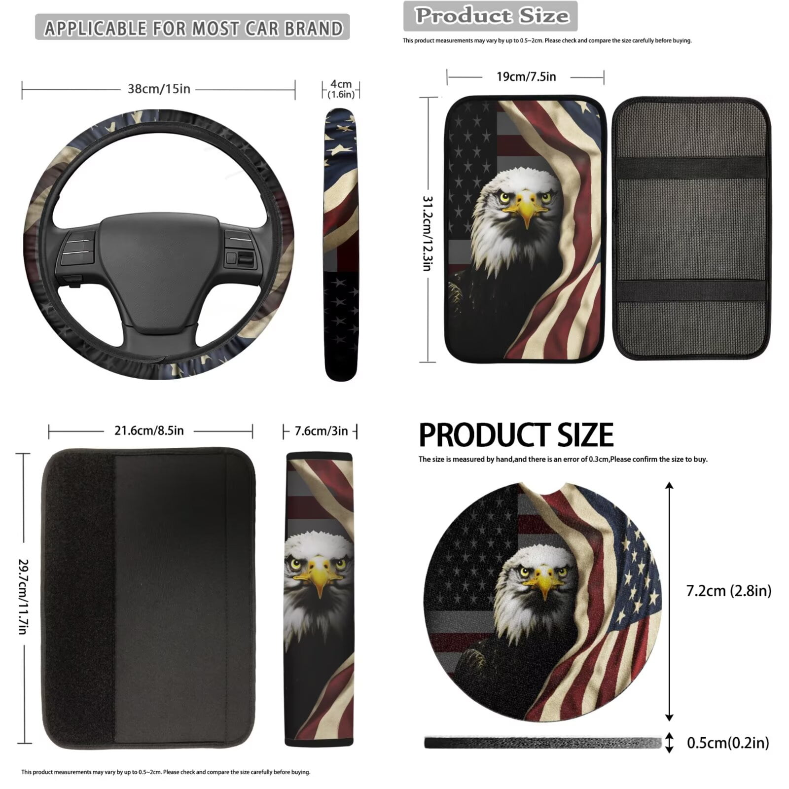 Uorisanigo American Flag Eagle Car Seat Covers Set with Wheel Cover Protector/Seat Belt Strap Pads/Center Console Cover/Headrest/Gear Shift & Handbrake Covers/Cup Coasters/Keychain,18 Packs