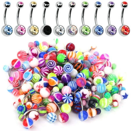 Gold Dangly Belly Button Rings 60PC Belly Button Ring Set 14G Mix CZ Steel Acrylic Bioflex Banana Bar Body Piercing Jewelry ()