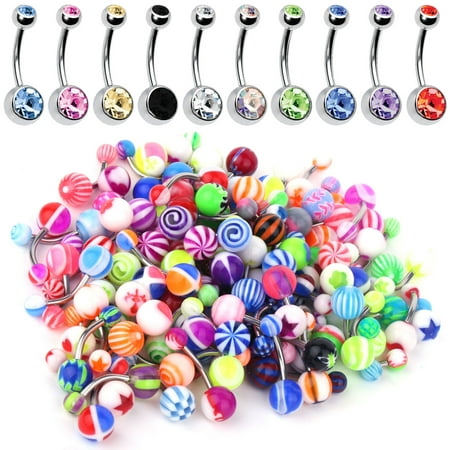 60PC Belly Button Ring Set 14G Mix CZ Steel Acrylic Bioflex Banana Bar Body Piercing (Cute Best Friend Belly Button Rings)