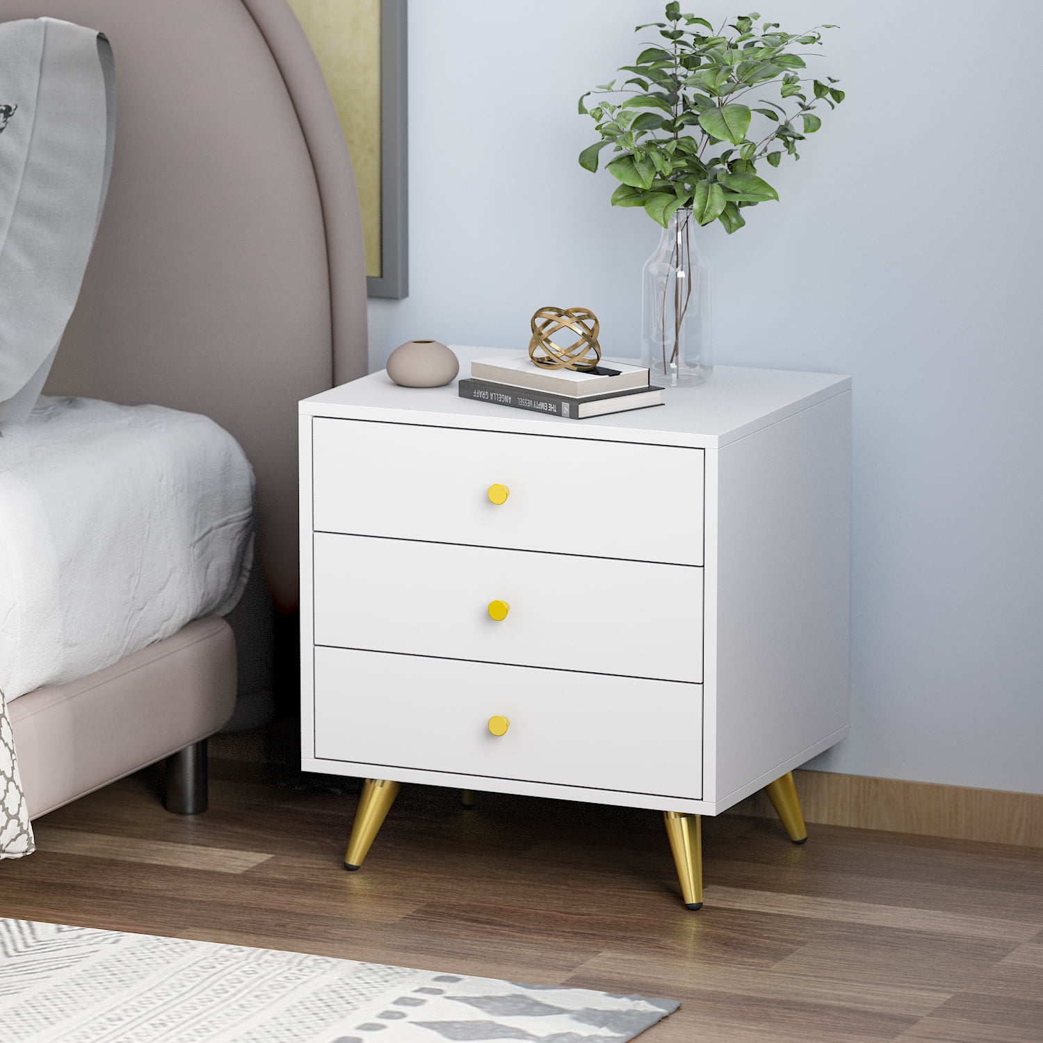 Modern Off White 3Drawer Nightstand Narrow Bedside Table With Faux