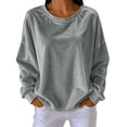 thumbnail image 2 of thefmos Women's Round Neck Velvet Pullover Top Long Sleeve Solid Color Casual Loose Fit Sweatshirt Trendy Fall Winter Outfit, Gray M, 2 of 6