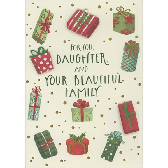 Designer Greetings Red 3D Die Cut Presents and Green, Blue, and Gold Presents on Beige Hand Decorated Christmas Card for Daughter and Family
