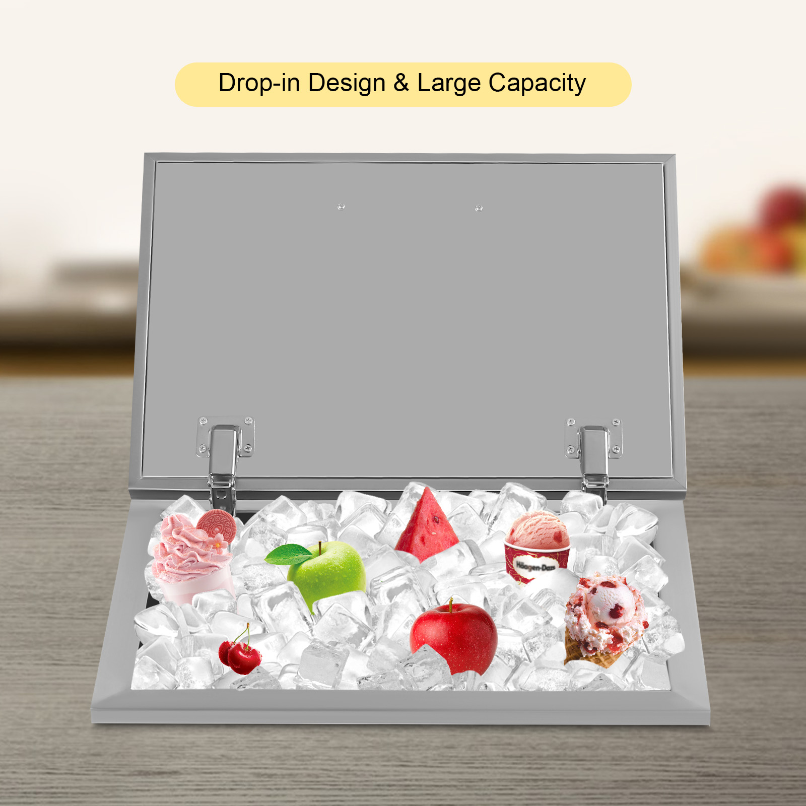 Drop in Ice Chest 20''L x 14''W x 13''H Drop in Cooler Stainless Steel with Hinged Cover Bar Ice Bin 40L/42.2Qt Drain-Pipe and Drain Plug Included for Cold Wine Beer