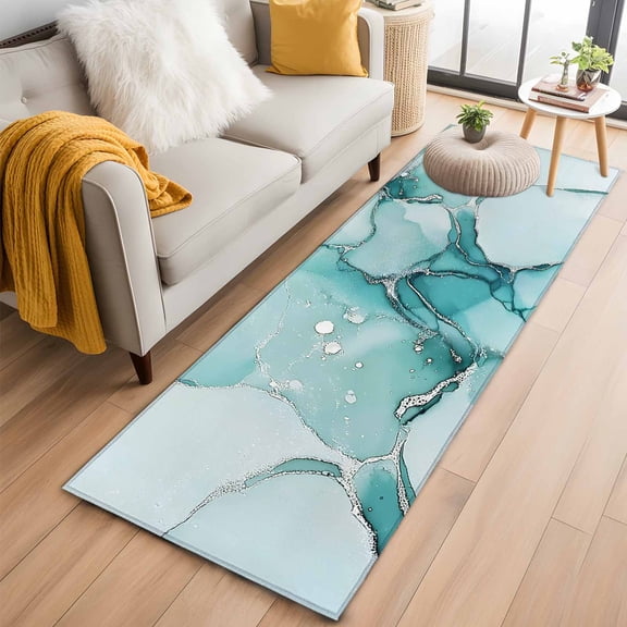 Hallway Runner Rug 2'x6', Marble Turquoise Long Non-slip Runner Rugs, Abstract Nature Cracks Silver Wavy Washable Outdoor Indoor Throw Floor Carpet Mat for Living Room/Bedroom/Kitchen/Office/Laundry