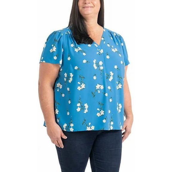 Hilary Radley Womens V-Neck Printed Blouse Size: XL, Color: Blue & Off-White Floral