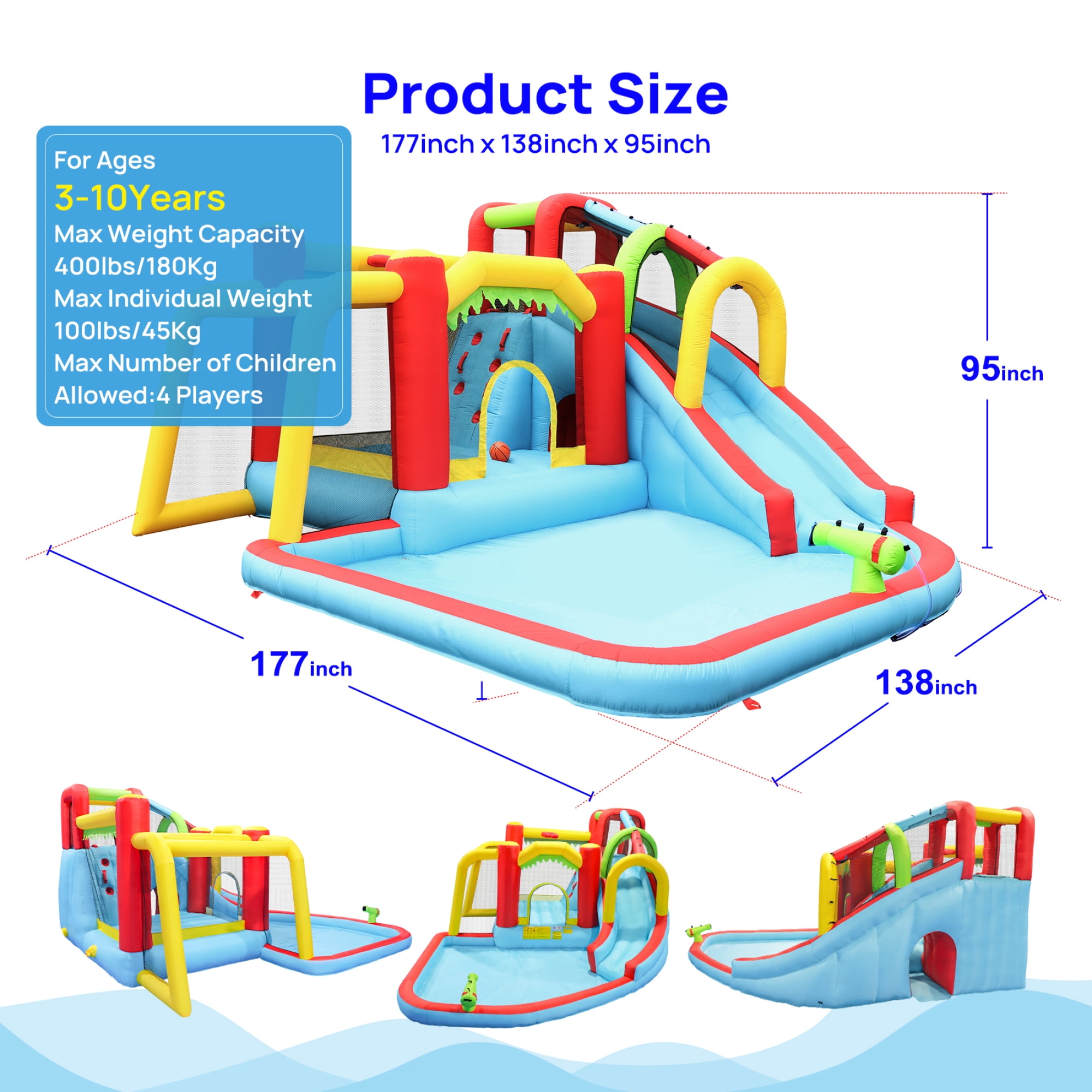 Leumius Inflatable Bounce House Water Slide,7 in1 Water Park Bounce House with Blower,Splash Pool,Water Gun,Climbing Wall,Basketball,Football for Kids Indoor Outdoor Backyard,177x138x95inches