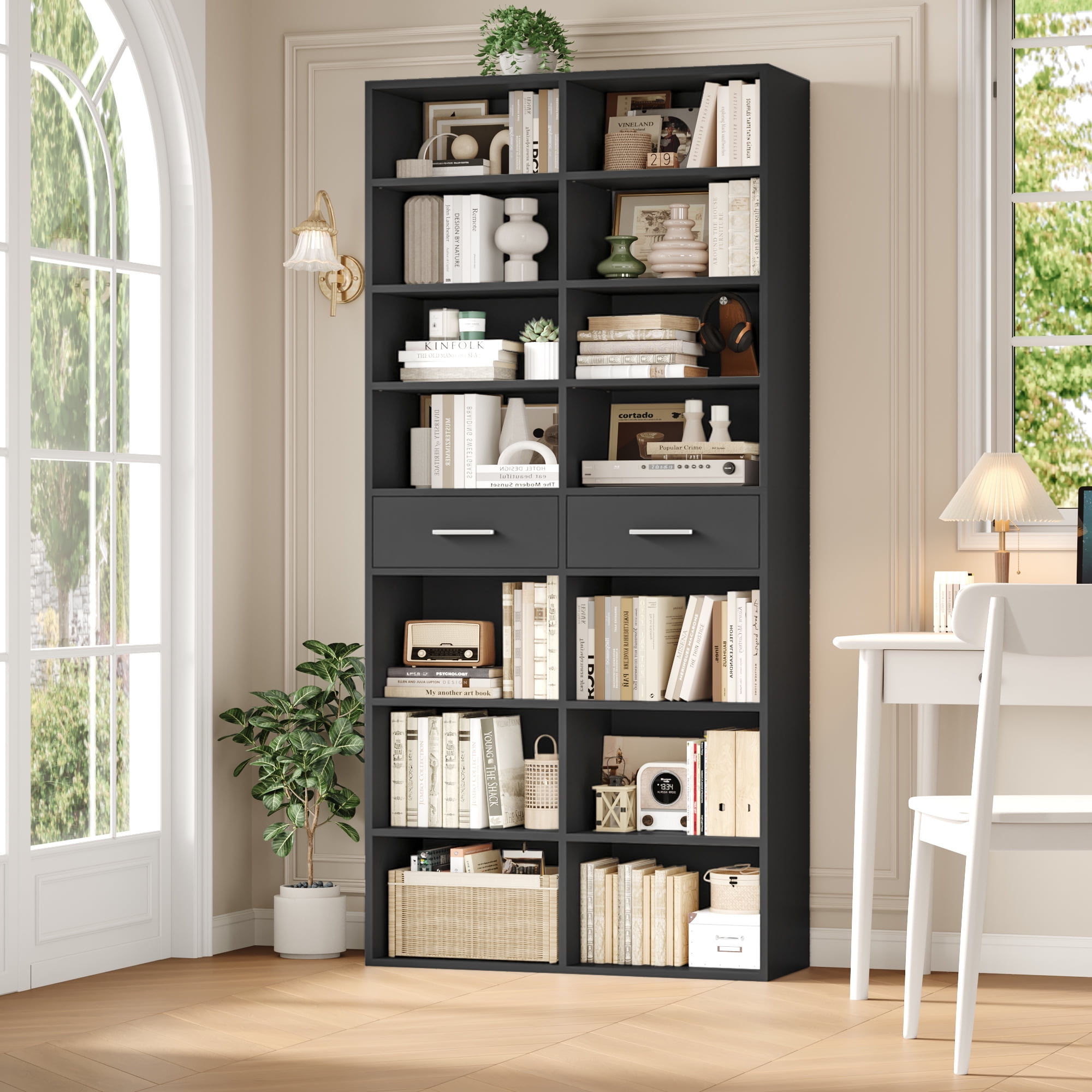 Homfa 7-Tier Bookcase with 2 Drawers, 72.8" H Double Wide Bookcase with 4 Adjustable Shelves for Study Office Living Room, Black
