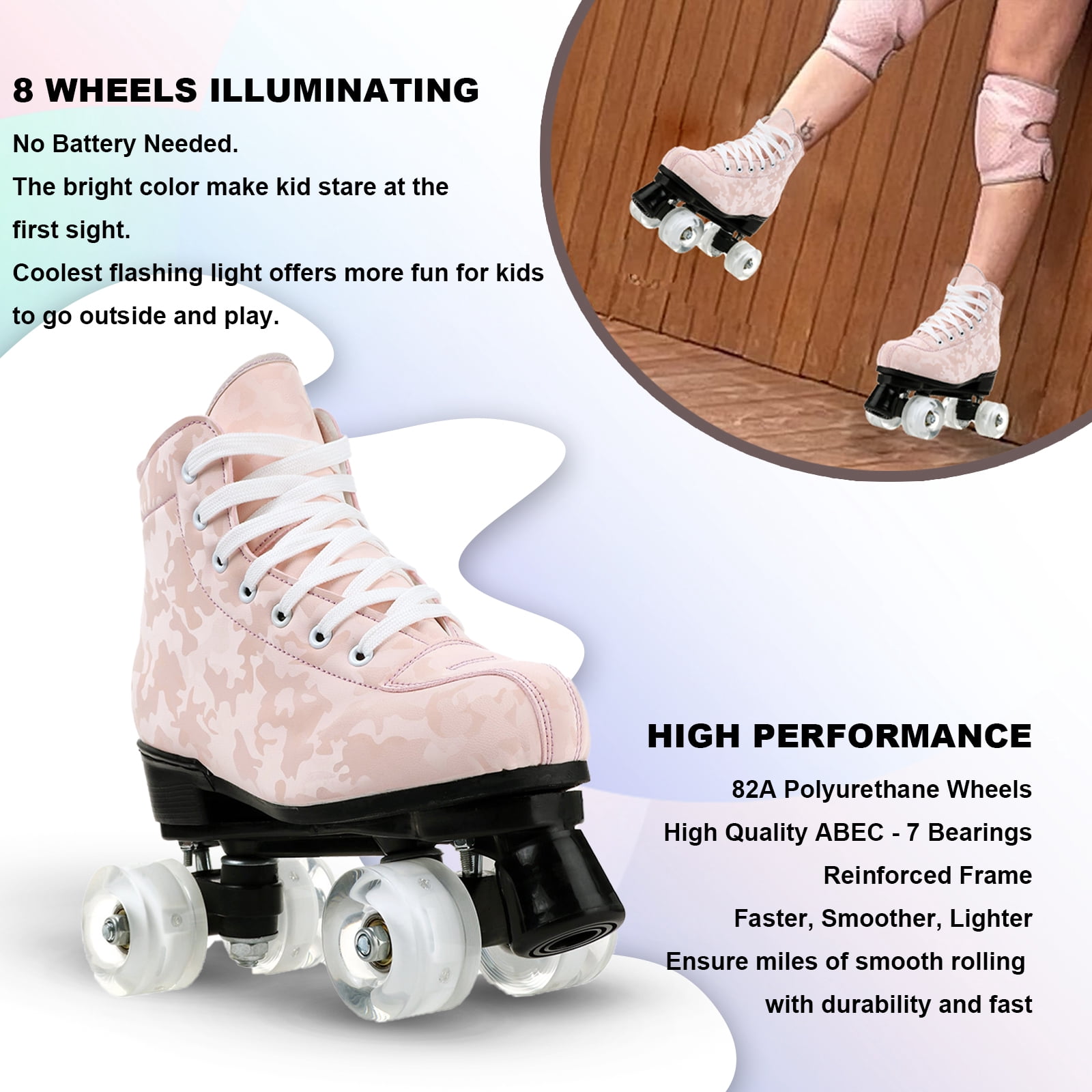 LIXI Pink Roller Skates,Double Row Light-up Skates for Kids, Teens  Adults,Durable PU Wheels(Women's 7.5/Men's 6.5)