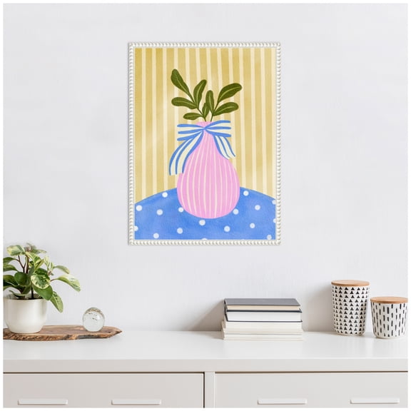 Kate and Laurel Pink Vase Framed Canvas Wall Art by Nikita Jariwala 18 x 24 Sylvie Beaded White, Whimsical, Still Life, Abstract Art for Wall Decor, Living Room, Bedroom