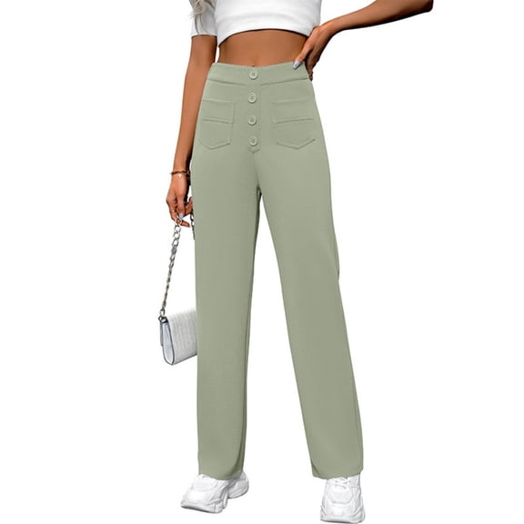 LYMAYTER S-2XL Fashion Pants for Women Casual High Waist Leg Pants Stretchy Button Business Work Trousers