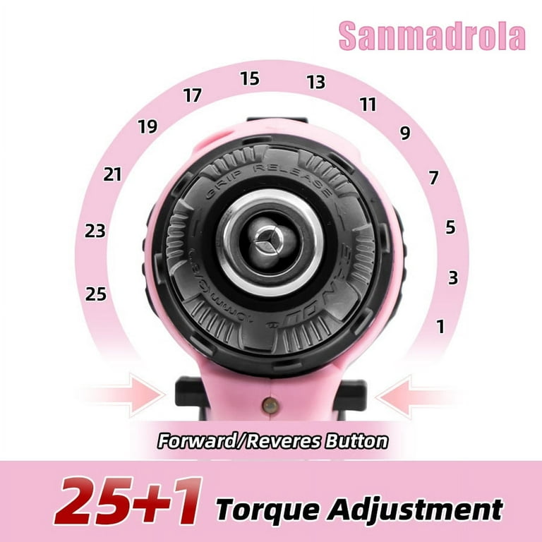 Sanmadrola 12V Pink Cordless Drill Driver Set 3/8'' Chuck Lithium