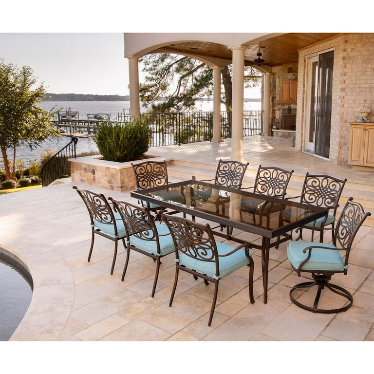 Hanover Traditions 9 Piece Dining Set in Blue with Extra Large Glass Top Dining Table