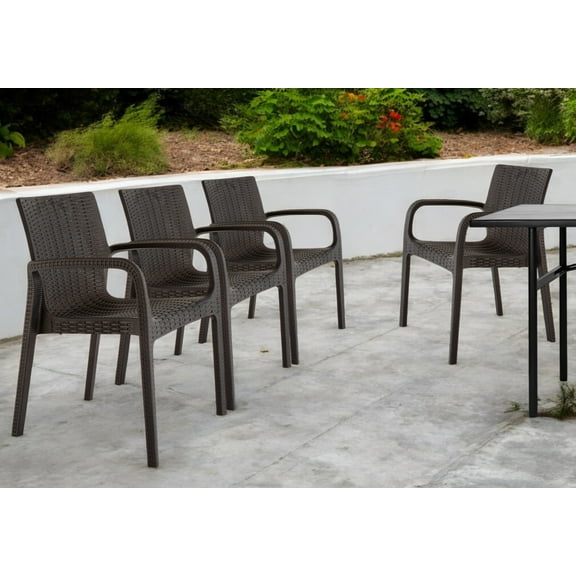 HomeRoots 565192 24 in. Brown Faux Rattan Heavy Duty Plastic Outdoor Stacking Arm Chairs - Set of 4