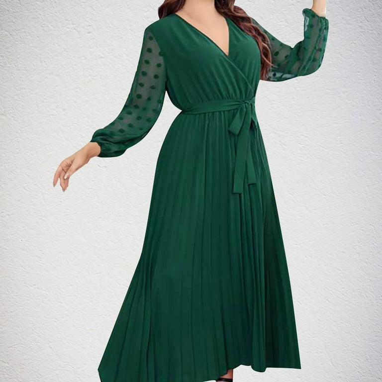SMihono Deals Spring and Fall Plus Size Women's Pleated Skirt V-Neck Elastic Waist Belted Semi-Sheer Long Sleeve Dress Green 12 - Walmart.com SMihono Deals Spring and Fall Plus Size Women's Pleated Skirt V-Neck Elastic Waist Belted Semi-Sheer Long Sleeve Dress Green 12 - Walmart.com