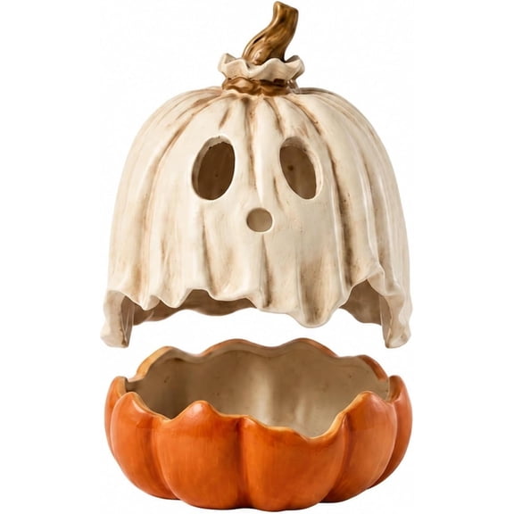 Ghost Pumpkin Candy Bowl for Halloween Decor, 2-in-1 Ghost Covered Jar & Votive Candle Holder, Spooky Tabletop Centerpiece & Trick or Treat Sweets Container