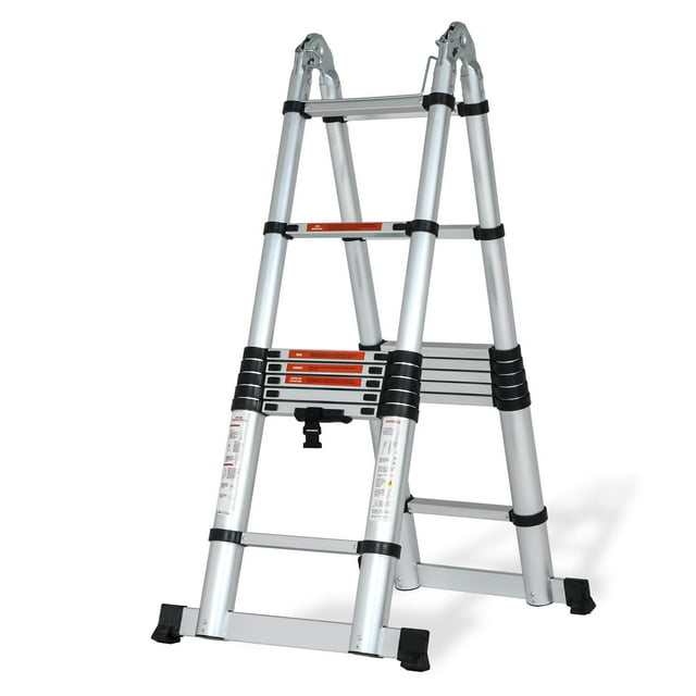 SUNCOO 16.5FT Telescoping Ladder Lightweight, Anti-Slip Aluminum Collapsible Extension Ladder, Quick Button Retraction Multi-Purpose Telescopic Ladders Compact Attic Ladder, 330lbs Max Capacity