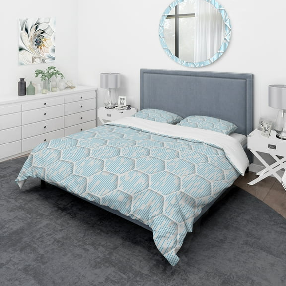 Designart 'White and Blue 3D Honeycombs' Mid-Century Modern Duvet Cover Set