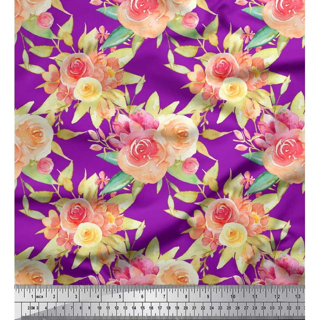 Soimoi Purple Cotton Cambric Fabric Leaves & Ranunculus Floral Print Sewing Fabric Yard 56 Inch Wide