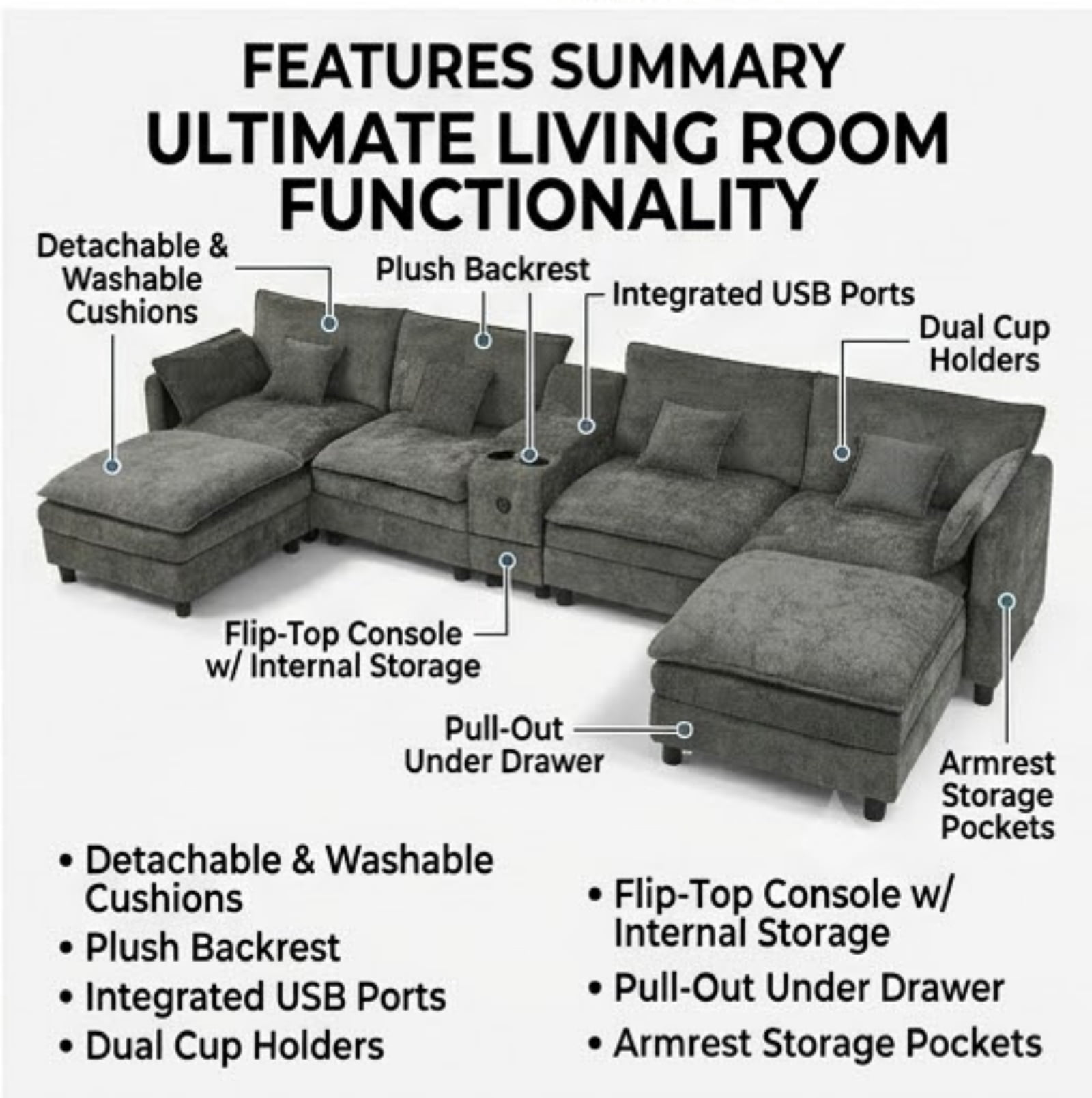 Modular U-Shaped Sectional Sofa with Reversible Chaise, USB Charging Ports & Storage Drawer, 6-Seater Sofa Couch with Flip-Top Cup Holder Console, Arm Pockets & Detachable Cushions