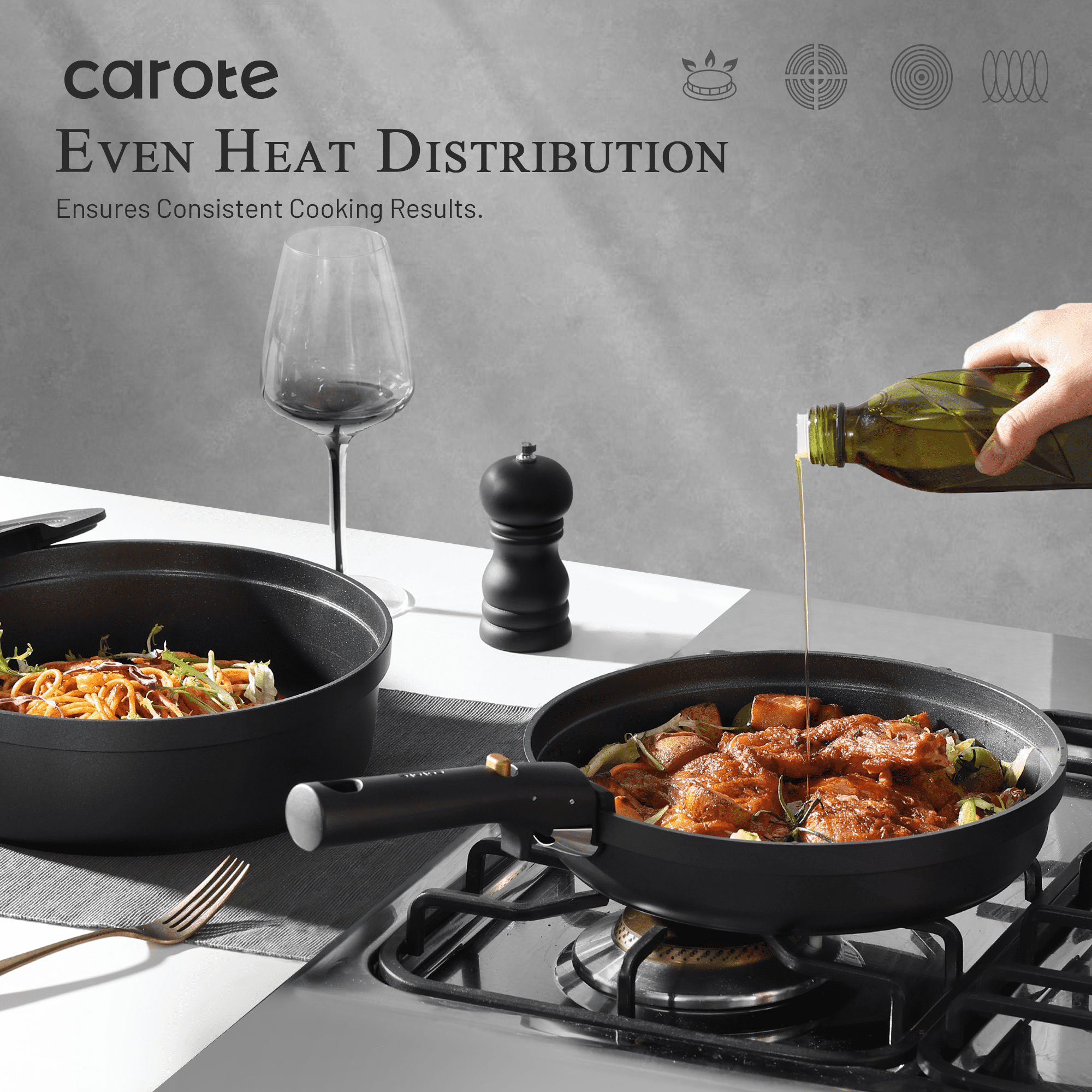 Carote 20 Pcs Nonstick Cookware Sets, Pots and Pans with Removable Handles, Oven Safe, Induction Ready, Classic Black