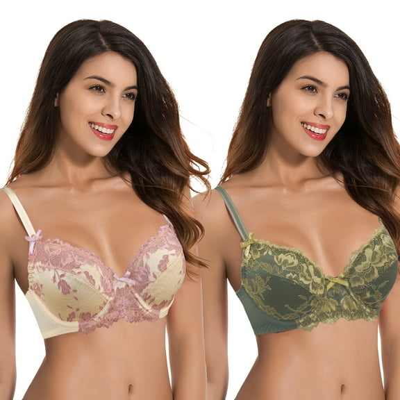 Curve Muse Womens Plus Size Unlined Semi-Sheer Balconette Underwire Lace Bra-2PK-DEEP GREEN,NUDE-34B