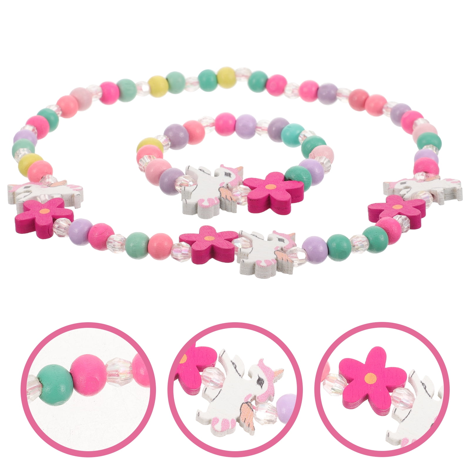 Parure De Bijoux En Bois Coloré Pour Enfants – Collier Et Bracelet Licorne – Cadeau Anniversaire Fille