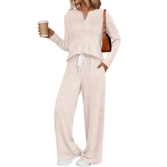 SUNBS Two Piece Sets for Women Lounge Sets Long Sleeve Tops Wide Leg Pants Fall Casual Vacation Travel Outfits with Pockets