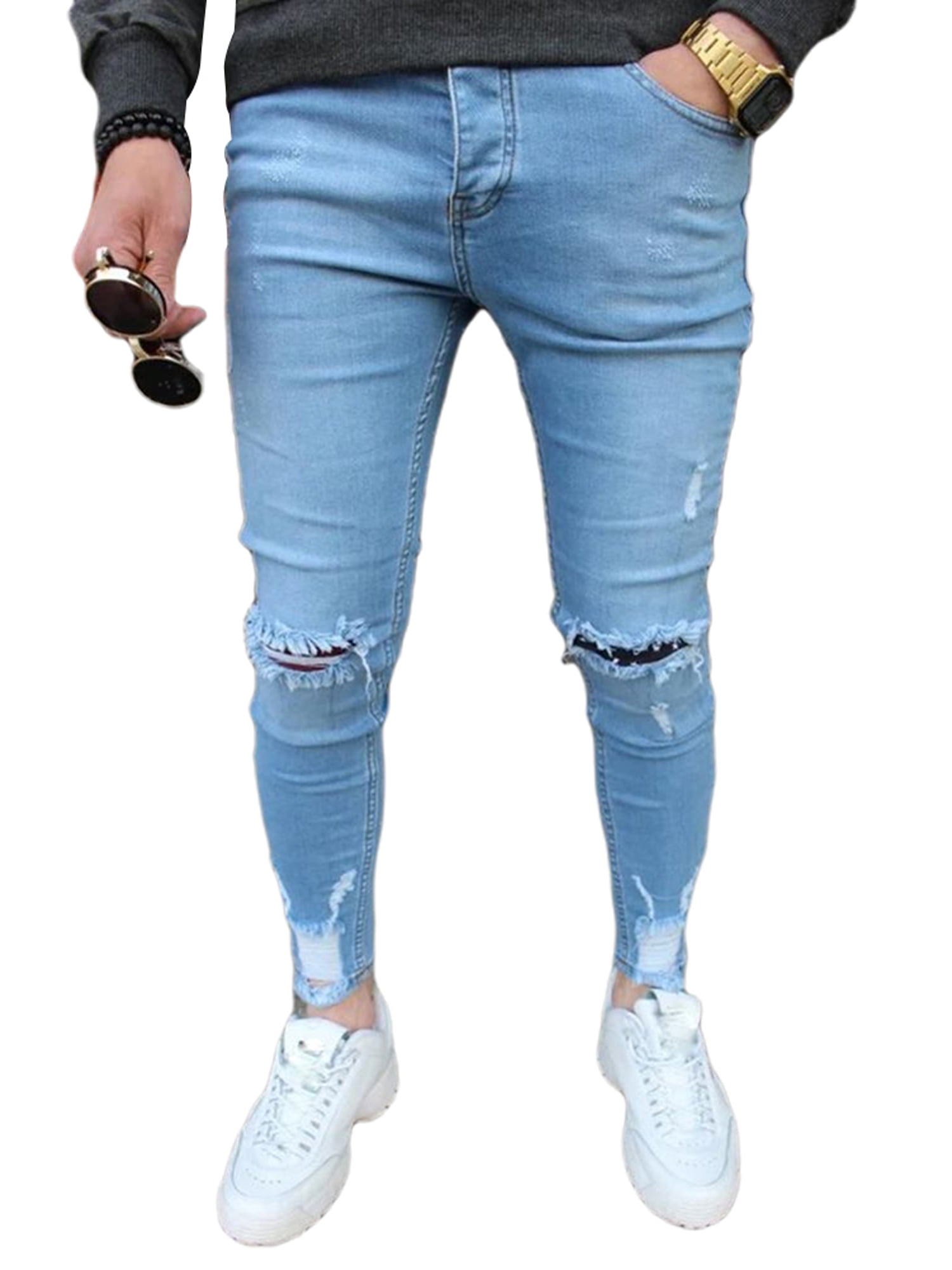 IEasⓄn Mens Long Jeans,Man Mid-Waist Fashion Casual Denim Knee Length Pants Trousers 