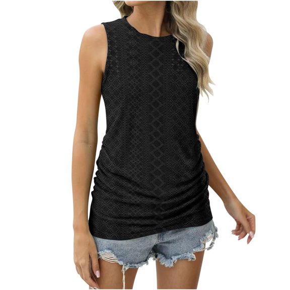 tklpehg Womens Tank Tops Crewneck Eyelet Pleated Shirts Sleeveless Tee Shirt Summer Lightweight Loose Blouses Vintage Solid Color Going Out Tops Casual Blouses (Black,L)