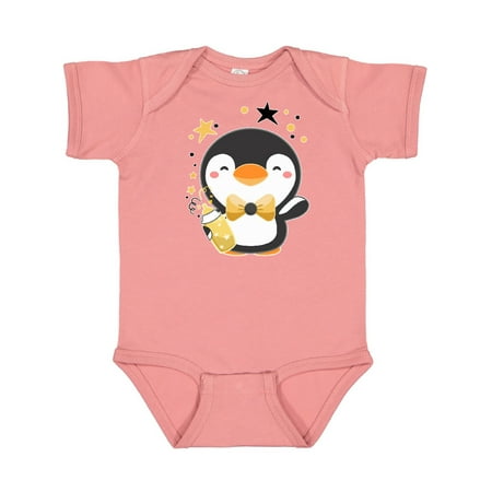 

Inktastic New Year s Baby Penguin in Bow Tie with Bottle Gift Baby Boy or Baby Girl Bodysuit