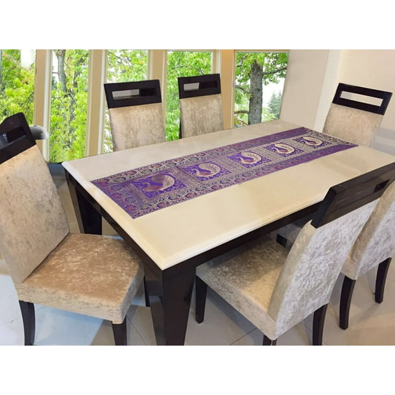 Stylo Culture Indian Dining Room Table Runner Purple Gold Peacock Floral Brocade Jacquard Rectangle Home Decor Ethnic Center Table Cloth | 60x16 Inches ( 152 x 40 cm)