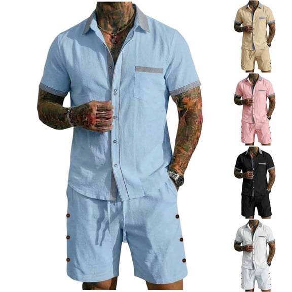 Men's Linen Shirts and Shorts Set Short Sleeve 2 Piece Beach Vacation Outfits Summer Yoga Suits with Pockets White